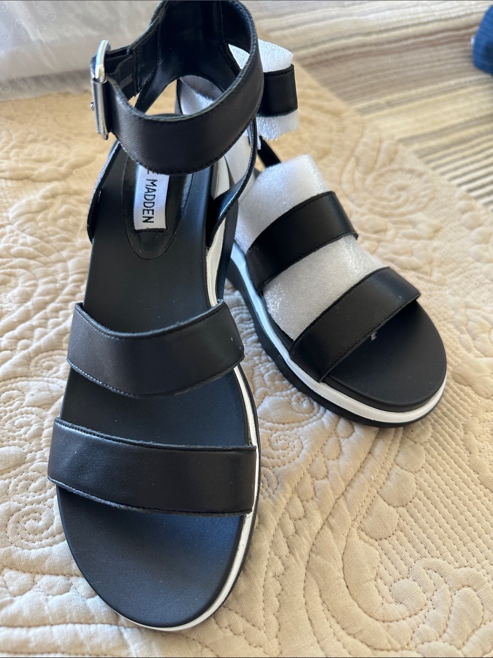 Steve Madden Black and White Triple-Strap Sandals with Ankle Buckle